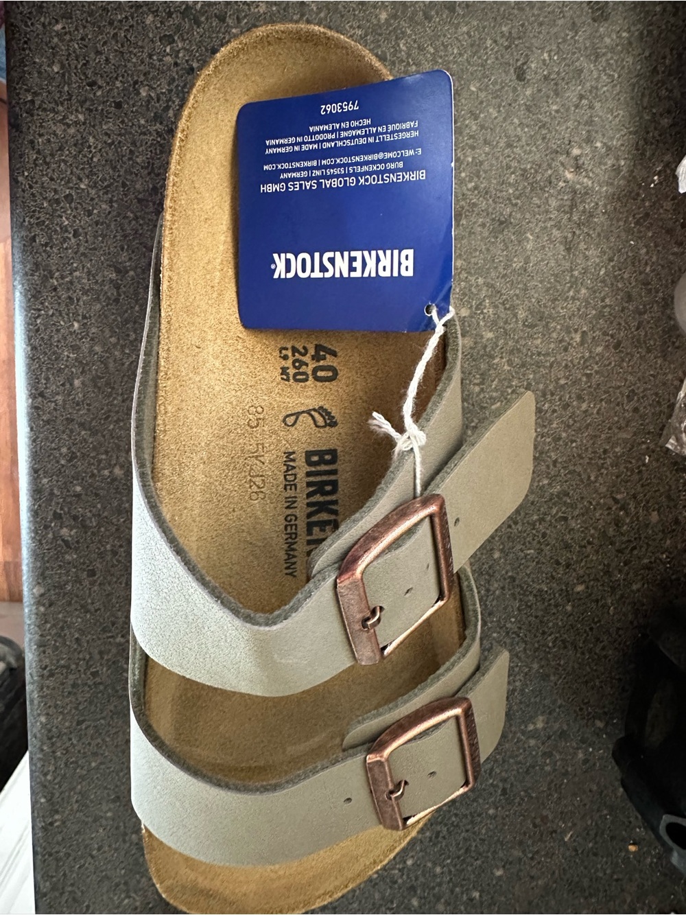 Birkenstock Two-Strap Sandal in Light Gray with Copper Buckles